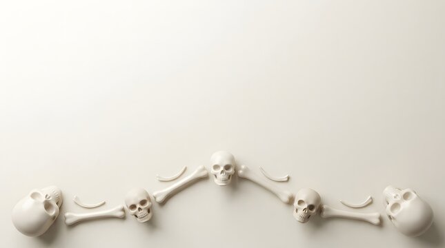A row of small human skulls connected by bones arranged in an arch on a white background
