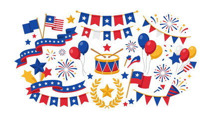Fototapeta premium USA Independence Day Celebration Elements: Flags, Balloons, Fireworks, Banners & Drum