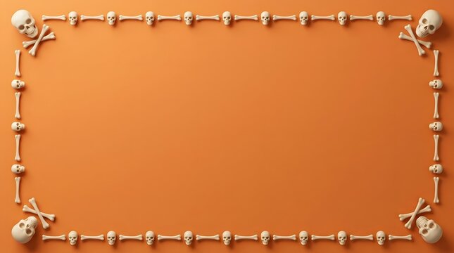 Decorative rectangular frame made of golden human skulls and bones on a plain orange background