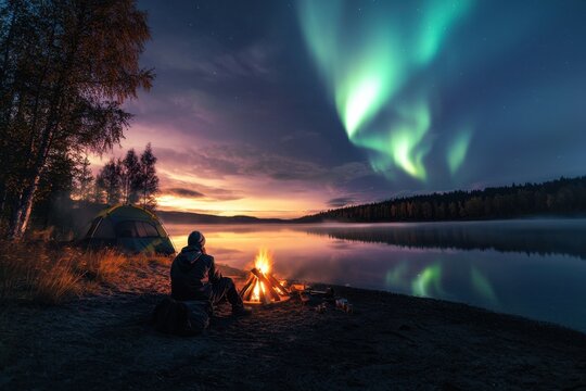 Camping campfire lake aurora night tent person reflection wilderness sunset forest shore sky water outdoor travel adventure solitude calm glow smoke trees landscape horizon dusk firelight cold