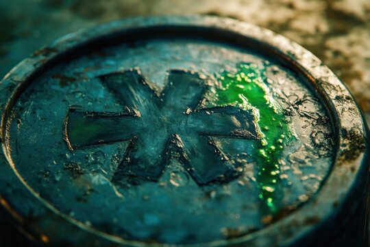 Toxic chemical symbol on metal container with green liquid spill, close up of hazardous waste and contamination