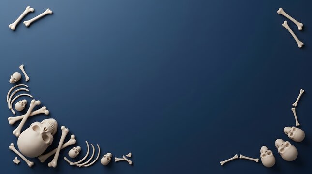 Human skull and scattered bones arranged as a frame on a dark blue background for halloween