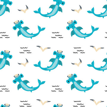 Cute blue hammerhead shark wearing a sailor hat in a seamless nautical pattern with seagulls and simple ocean waves on a white background