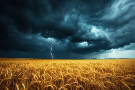 Storm cloud lightning wheat field rural landscape dramatic sky dark cloud thunderstorm grain crop golden field storm front