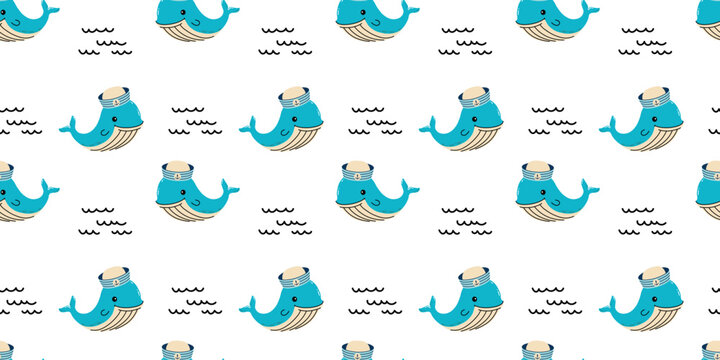 Seamless nautical pattern with cute blue sailor whales and simple ocean waves on a white background, ideal for kids textiles, nursery decor and wrapping paper.