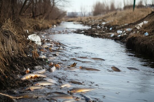 Polluted river with dead fish and floating trash toxic waste contamination in rural stream environmental damage dirty water ecological disaster brown bank natural habitat pollution water crisis