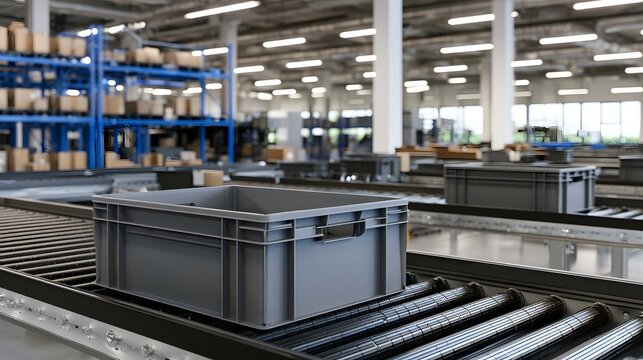 A gray plastic crate moves along a conveyor belt in a spacious  well lit warehouse with blue shelving units in the background