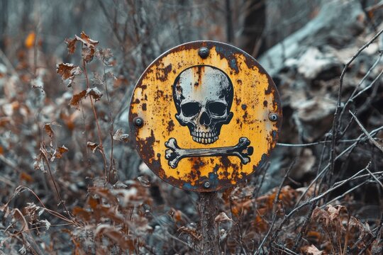Rusty skull warning sign in dry woodland, toxic hazard symbol on weathered metal, abandoned danger marker with grim mood