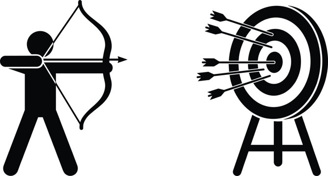 Archery stick figure shooting bow and arrow at target board with multiple hits black silhouette vector illustration layout