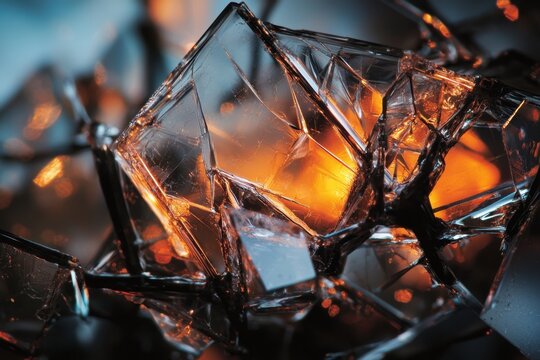 Crystal fragment glass shard abstract pattern glowing orange macro texture reflective surface dark background sharp edge faceted surface close up detail