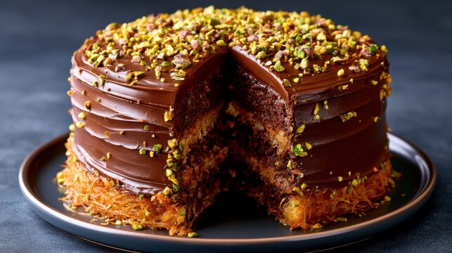A delectable layered chocolate cake topped with green pistachios and intricate texture