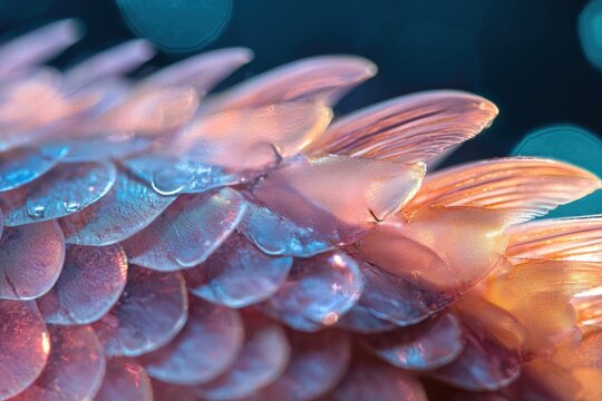 Close up fish scale texture with iridescent light and soft blue orange detail, macro detail of aquatic pattern on skin