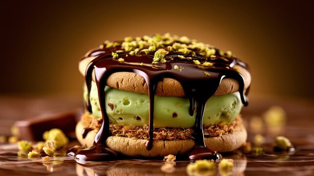A delicious dessert featuring green ice cream sandwiched between two brown cookies, drizzled with chocolate