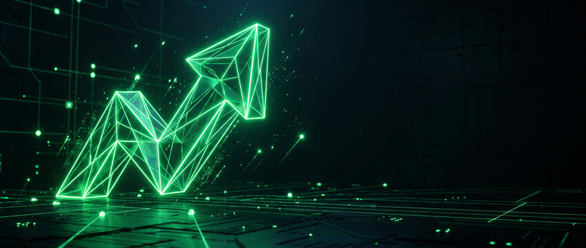 3D glowing neon green bullish geometric arrow pointing upward on a dark high-tech background with copy space for financial and trading concepts.