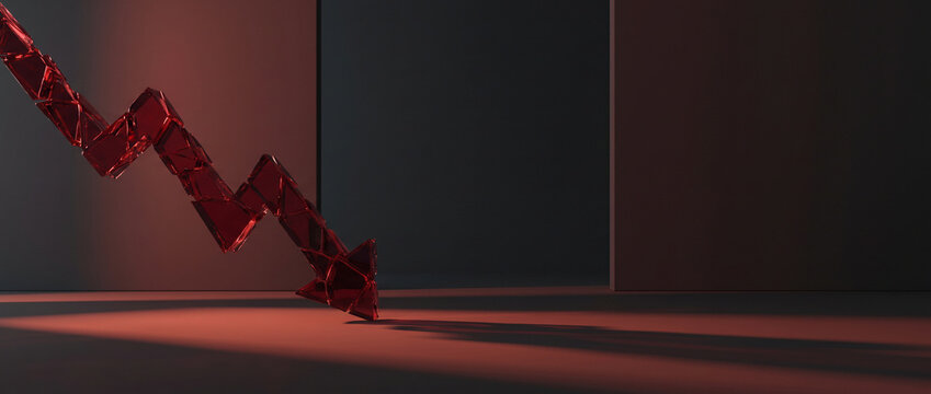 3D render of a shattered red glass arrow pointing downward against a dark background with negative space representing a bearish market crash.