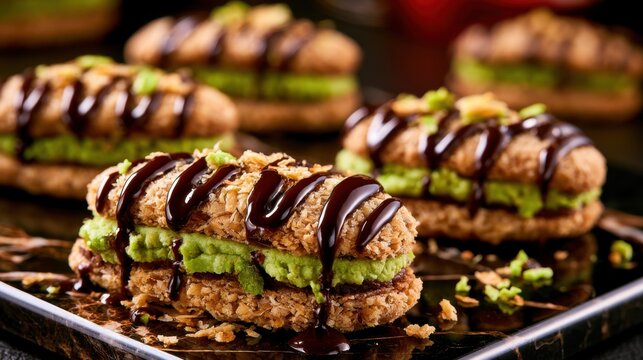 A delicious display of layered desserts with green filling and chocolate drizzle on top