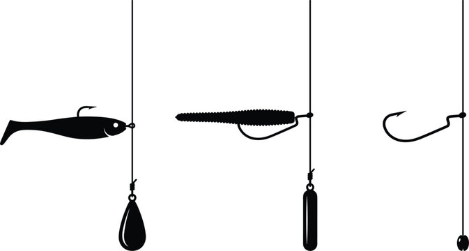 Fishing rigs and hooks black silhouette vector icons set with soft plastic lures baits sinkers and line setups