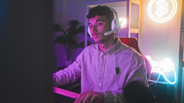 Young man with headset rests chin on hand while typing at keyboard and making a fist gesture in a gaming studio lit by neon signs; concentration.