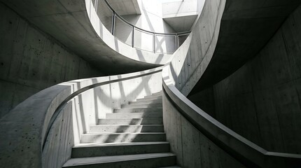 Fototapeta premium Modern concrete spiral staircase with natural light in contemporary building.