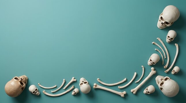 Top view of human skulls and various bones arranged as a decorative border on a teal background