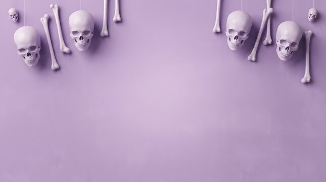 Flat lay composition of human skulls and bones arranged on a solid pastel purple background with copy space