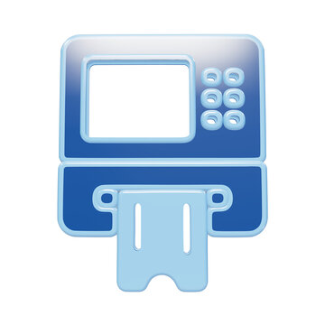 3D glossy blue atm machine icon with a card being ejected from the slot isolated on a transparent background