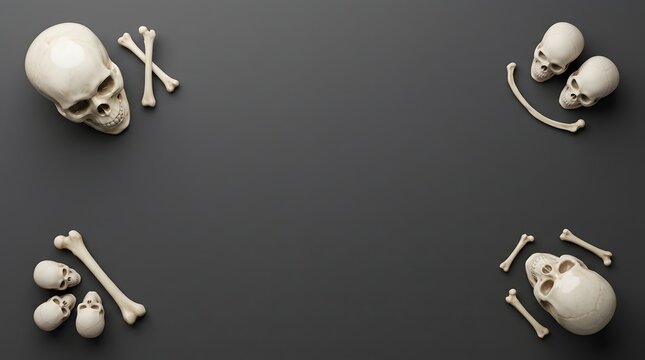 Top view of human skulls and bones arranged as a frame on a dark black background