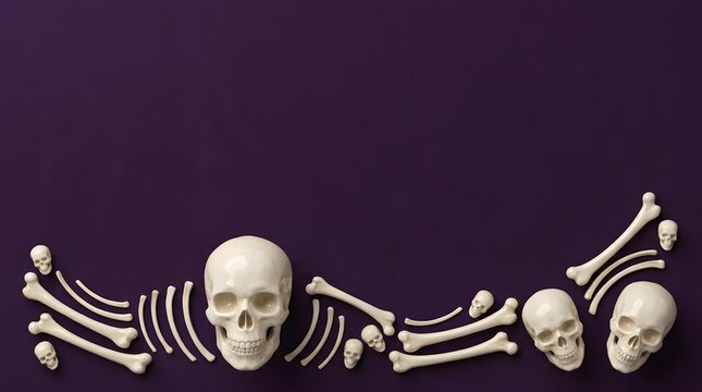 Halloween background featuring human skulls and bones arranged in a row on a dark purple surface