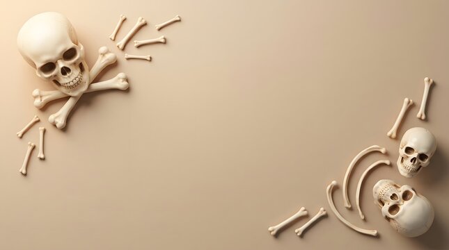 Human skulls and bones arranged as a frame on a neutral beige background with copy space