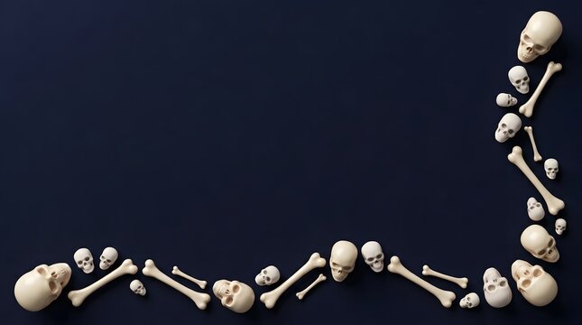 Border frame made of human skulls and bones arranged on a dark blue background for halloween concepts