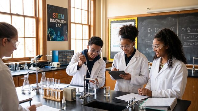 Students conducting a science experiment in a laboratory classroom. STEM education, innovation, teamwork, scientific discovery, and hands-on learning concept.