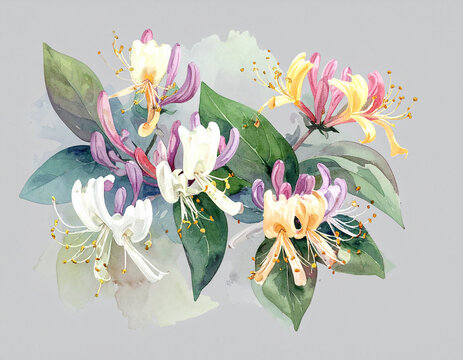 Watercolor honeysuckle flowers illustration