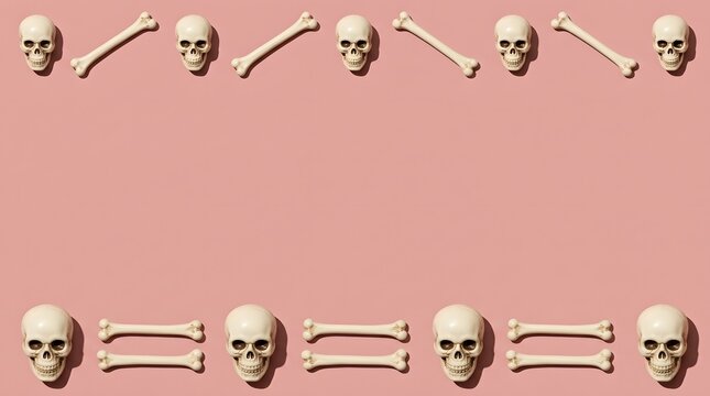 Flat lay composition of human skulls and bones arranged as a border on a pastel pink background
