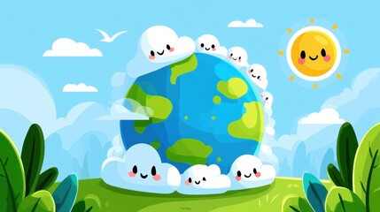 Naklejka premium A cheerful cartoonish depiction of the Earth surrounded by smiling clouds and a bright sun