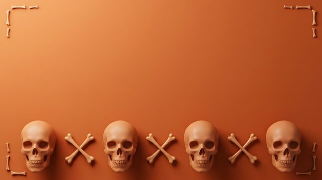Flat lay composition of human skulls and bones arranged on a solid orange background for halloween celebration