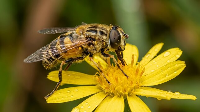 Detailed macro capture of a patterned insect harvesting nectar from a fully blossomed yellow woodland wildflower marmalade hoverfly insect flower feeding macro closeup detail nature