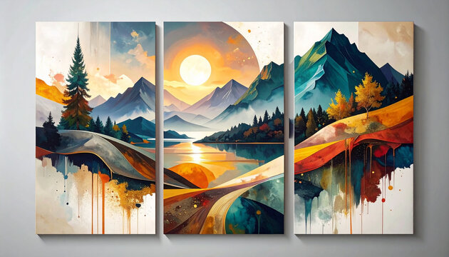 Watercolor landscape triptych art