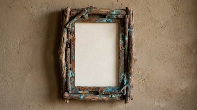 Vertical portrait frame showing a rough organic trim with oxidized mineral finishes enclosing a blank central canvas