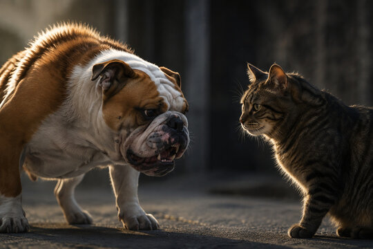 A bulldog and a cat locked in a tense stare, with raised hackles and bared teeth.