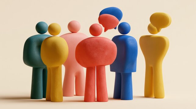 Matte clay figures interact with soft color cues on a cream backdrop, showing how they read and understand body language.