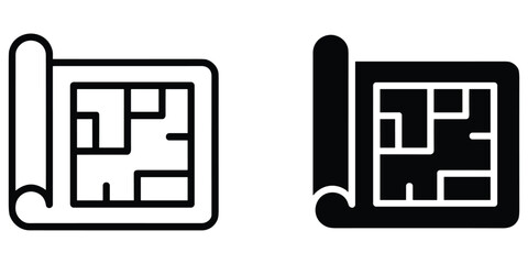 Black and white blueprint icon showing a detailed architectural floor plan for construction projects © MdOmar