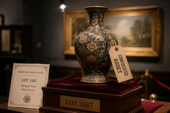 An antique vase on an auction podium with a confiscated asset tag, solemn gallery atmosphere.