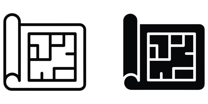 Black and white blueprint icon showing a detailed architectural floor plan for construction projects