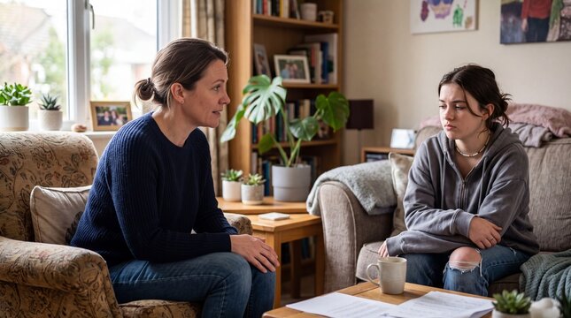 Adult woman and teenage girl talking in a home living room. Concept of family problems, difficult conversation, emotional support, teenage issues.
