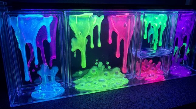 Vibrant neon gel splatters collection showing viscous dripping fluids and toxic sludge elements for digital frames  slime splashcollection colorful jelly drip sticky goo texture