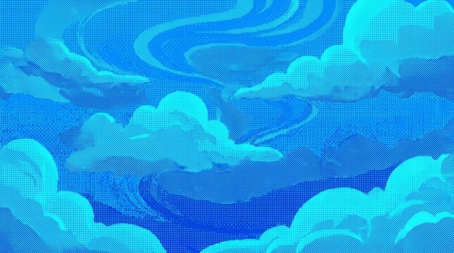 Vibrant azure seasonal atmosphere backdrop utilizing retro stipple pixelation patterns and soft cloud formations  beautiful summer blue sky background backdrop halftone dot effect white
