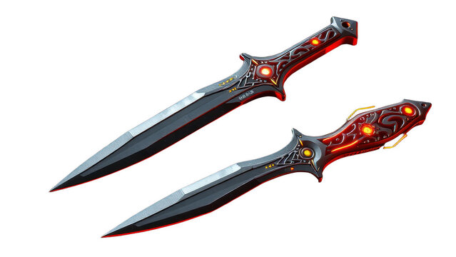 Pair of glowing sci-fi fantasy daggers on black background