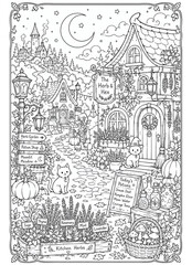 Fototapeta premium Charming witchy autumn village coloring page with tiny cottages, lanterns, pumpkins, mushrooms, crescent moon, friendly cats and herb gardens. Highly detailed black and white line art depicting a cozy