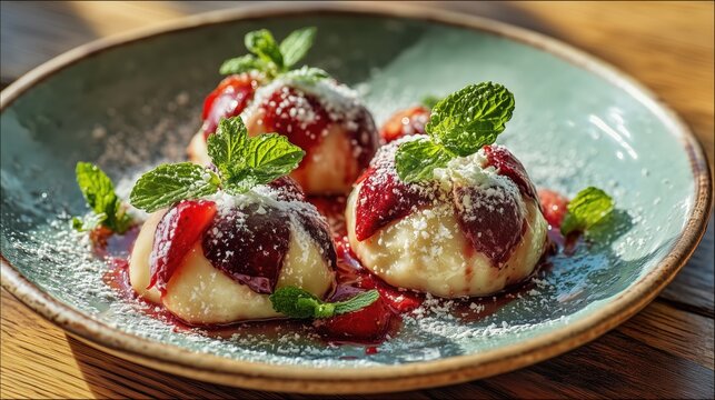traditional Czech fruit dumplings filled with fresh plums and strawberries, covered with melted butter, sweet farmer's cheese, powdered sugar and fresh mint