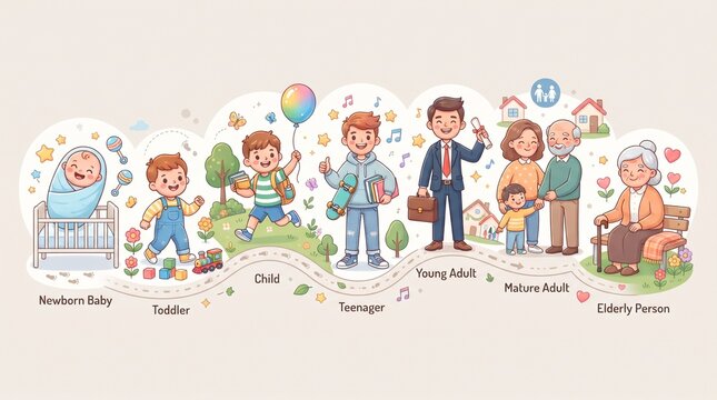 Cartoon illustration showing stages of human life and aging process from infancy to old age banner